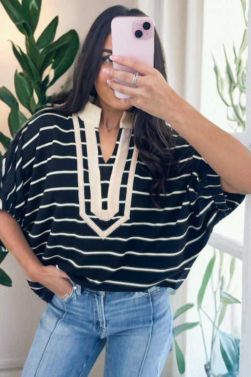 Striped Stand Collar V Neck Half Sleeve Dolman Blouse
