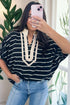 Striped Stand Collar V Neck Half Sleeve Dolman Blouse