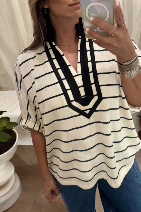 Striped Stand Collar V Neck Half Sleeve Dolman Blouse