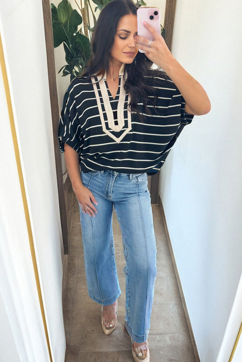 Striped Stand Collar V Neck Half Sleeve Dolman Blouse