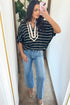 Striped Stand Collar V Neck Half Sleeve Dolman Blouse