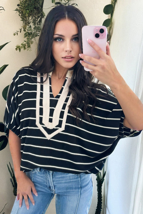 Striped Stand Collar V Neck Half Sleeve Dolman Blouse