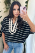 Striped Stand Collar V Neck Half Sleeve Dolman Blouse