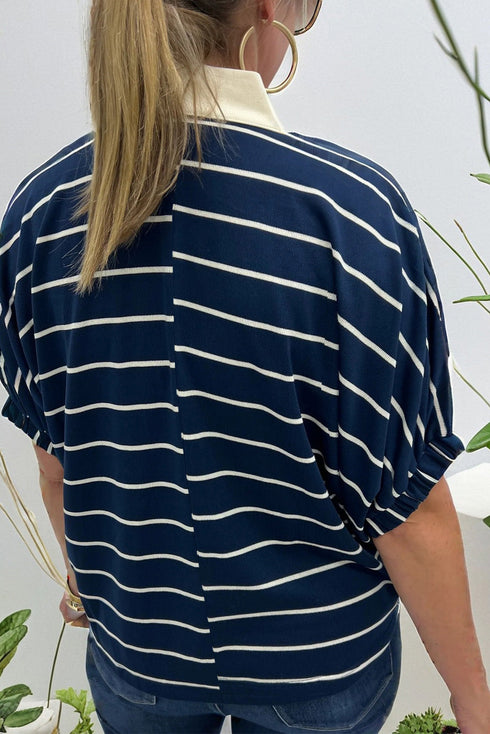 Striped Stand Collar V Neck Half Sleeve Dolman Blouse