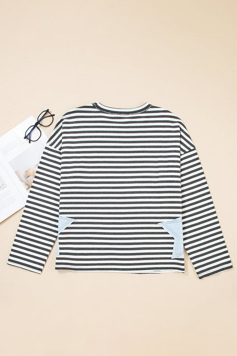 Striped Star Patch Drop Shoulder Pullover Top