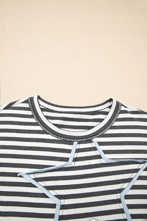 Striped Star Patch Drop Shoulder Pullover Top