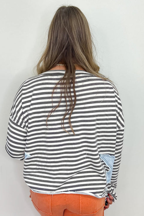 Striped Star Patch Drop Shoulder Pullover Top