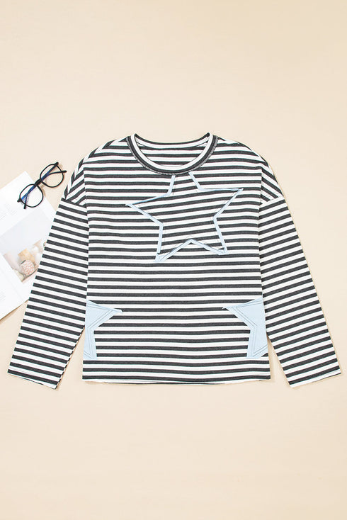 Striped Star Patch Drop Shoulder Pullover Top