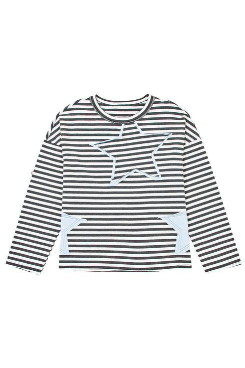 Striped Star Patch Drop Shoulder Pullover Top