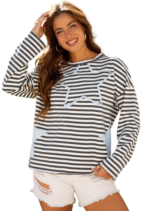 Striped Star Patch Drop Shoulder Pullover Top