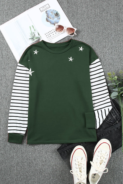 Striped Star Print Patchwork Long Sleeve Top