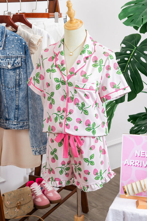 Striped Strawberry Print Lapel Shirt Drawstring Pajama Set
