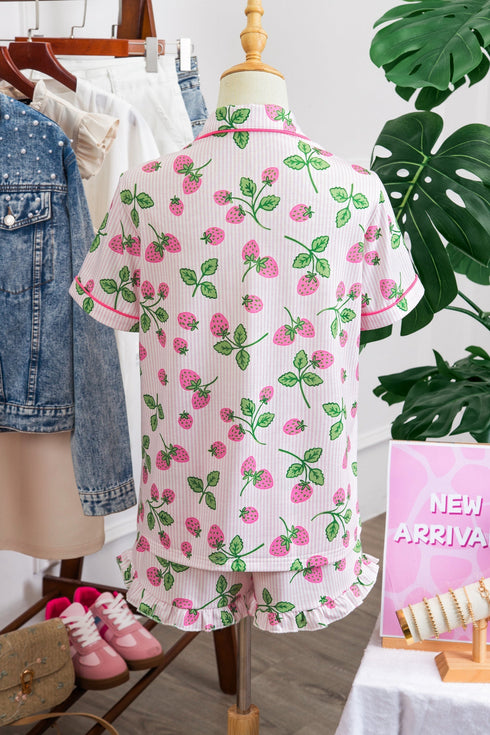 Striped Strawberry Print Lapel Shirt Drawstring Pajama Set