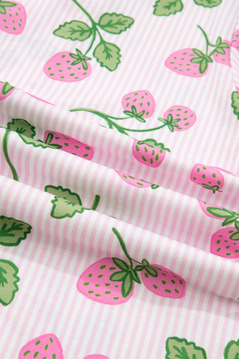 Striped Strawberry Print Lapel Shirt Drawstring Pajama Set