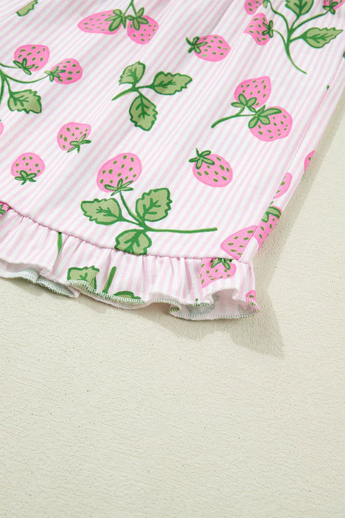 Striped Strawberry Print Lapel Shirt Drawstring Pajama Set