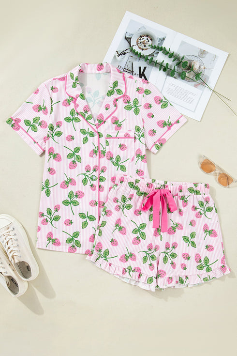Striped Strawberry Print Lapel Shirt Drawstring Pajama Set