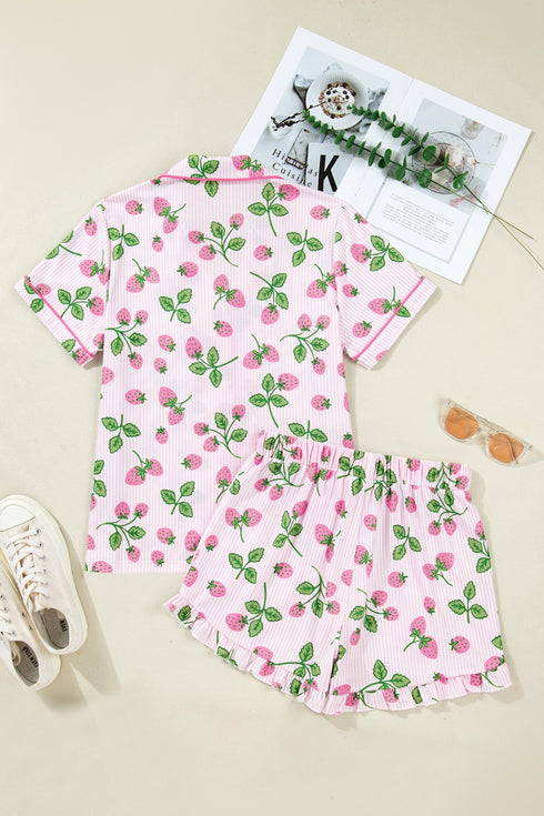 Striped Strawberry Print Lapel Shirt Drawstring Pajama Set