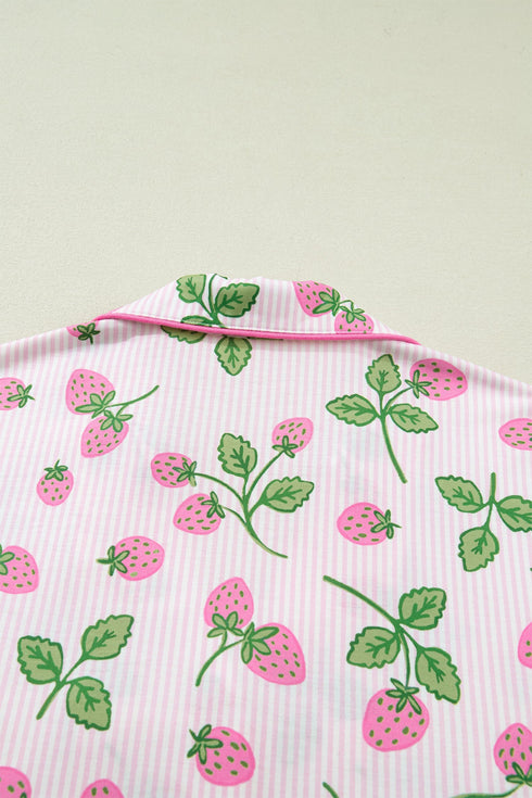 Striped Strawberry Print Lapel Shirt Drawstring Pajama Set