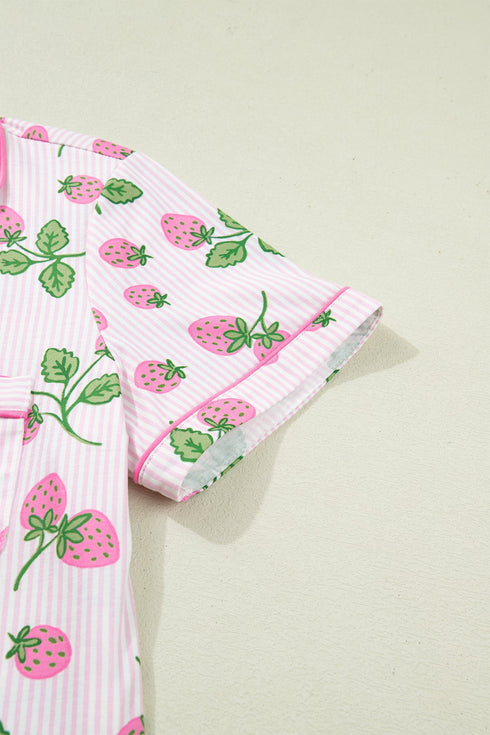 Striped Strawberry Print Lapel Shirt Drawstring Pajama Set