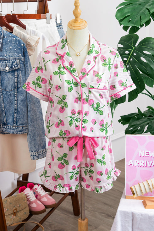 Striped Strawberry Print Lapel Shirt Drawstring Pajama Set
