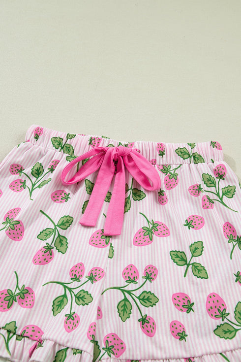 Striped Strawberry Print Lapel Shirt Drawstring Pajama Set