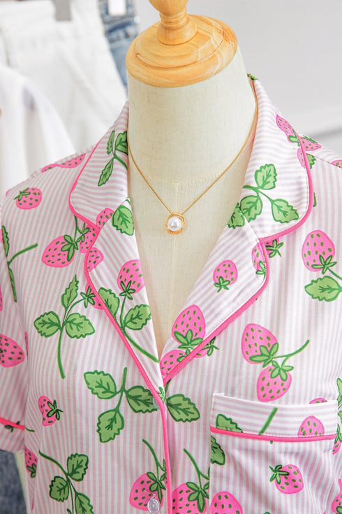 Striped Strawberry Print Lapel Shirt Drawstring Pajama Set