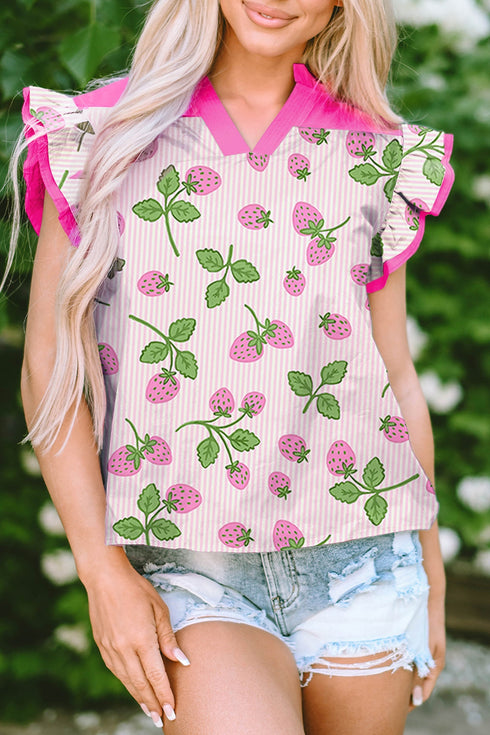 Striped Strawberry Print Patchwork V Neck Flutter Sleeve Blouse