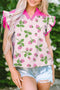 Striped Strawberry Print Patchwork V Neck Flutter Sleeve Blouse
