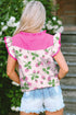 Striped Strawberry Print Patchwork V Neck Flutter Sleeve Blouse