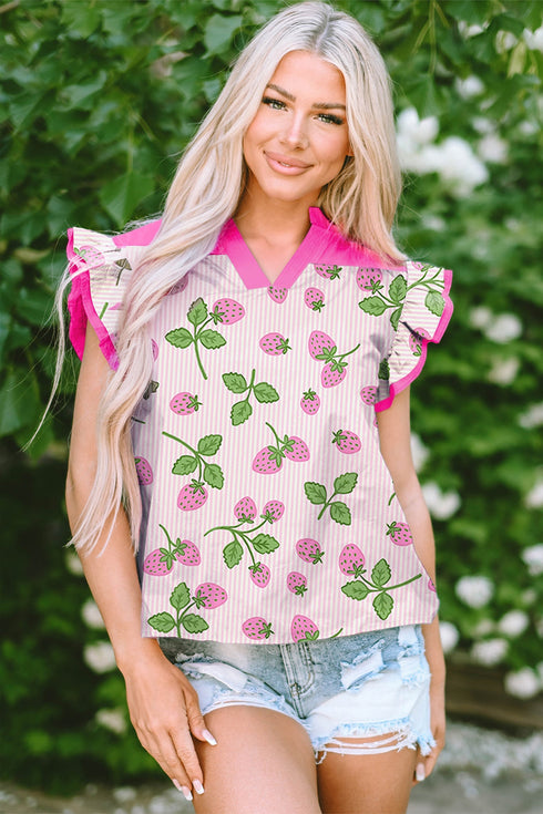 Striped Strawberry Print Patchwork V Neck Flutter Sleeve Blouse