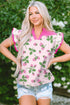 Striped Strawberry Print Patchwork V Neck Flutter Sleeve Blouse