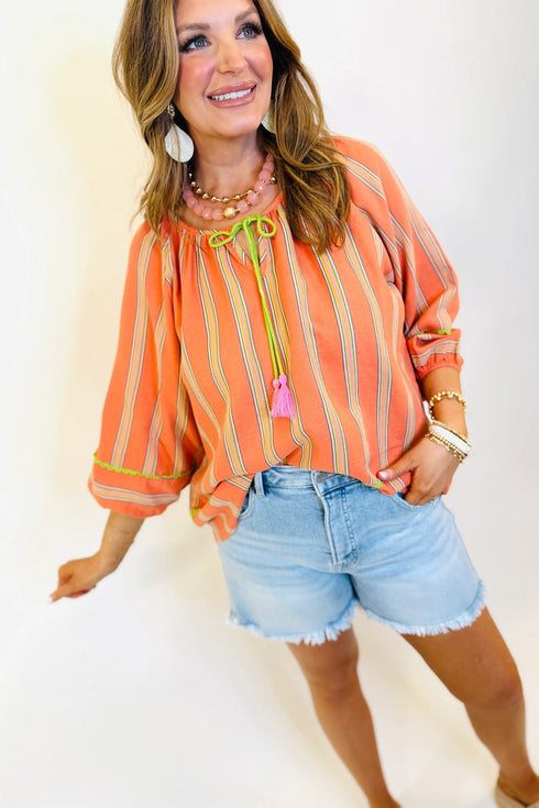 Striped Tassel Tie Neck Cotton Bracelet Sleeve Blouse