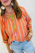 Striped Tassel Tie Neck Cotton Bracelet Sleeve Blouse