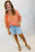 Striped Tassel Tie Neck Cotton Bracelet Sleeve Blouse