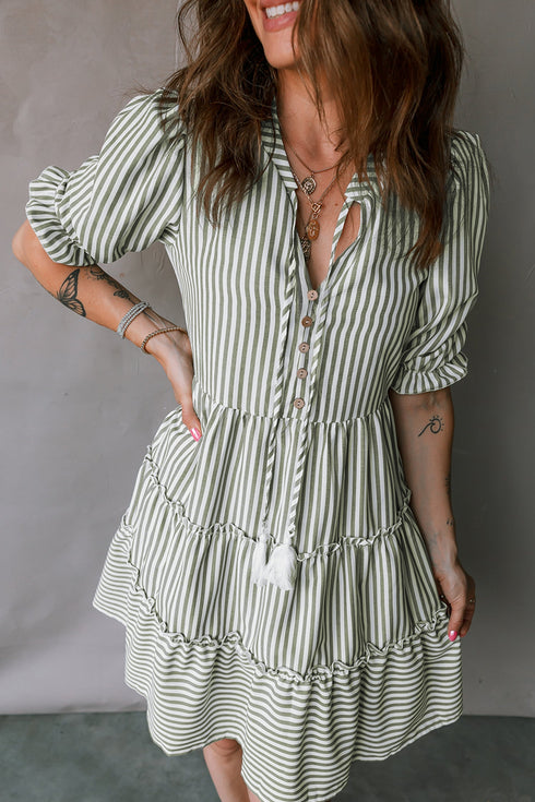 Striped Tassel Tie Neck Ruffled Tiered Mini Dress