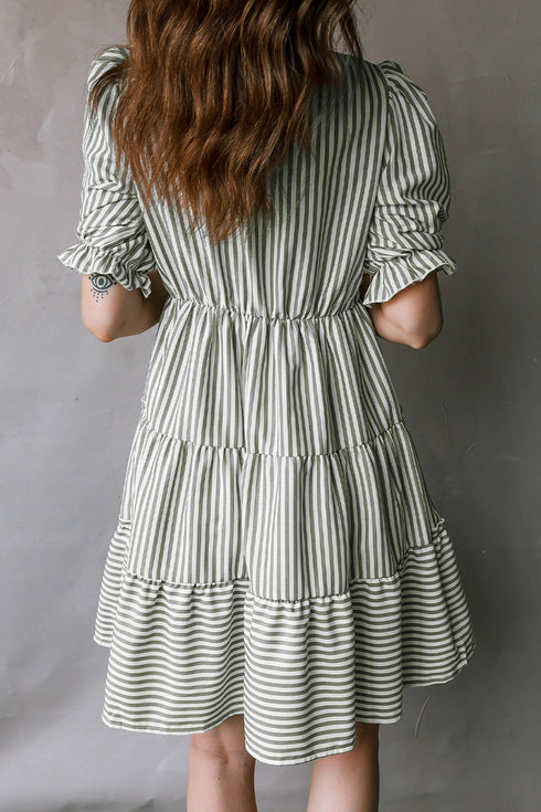 Striped Tassel Tie Neck Ruffled Tiered Mini Dress