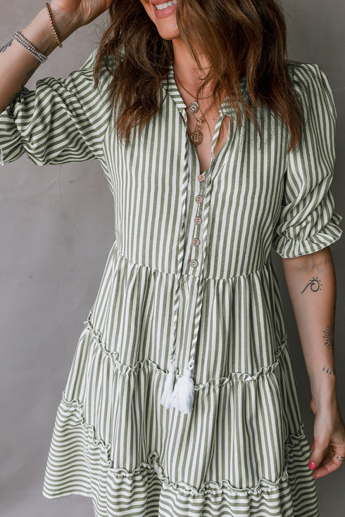 Striped Tassel Tie Neck Ruffled Tiered Mini Dress