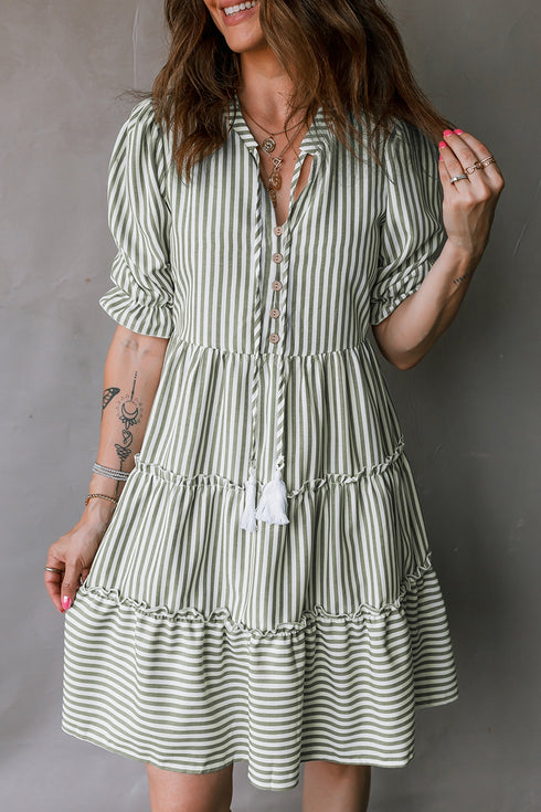 Striped Tassel Tie Neck Ruffled Tiered Mini Dress