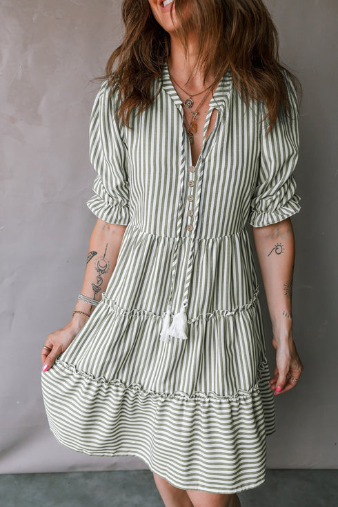 Striped Tassel Tie Neck Ruffled Tiered Mini Dress