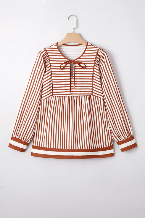 Striped Texture Long Sleeve Babydoll Ruffle Hem Blouse