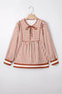 Striped Texture Long Sleeve Babydoll Ruffle Hem Blouse