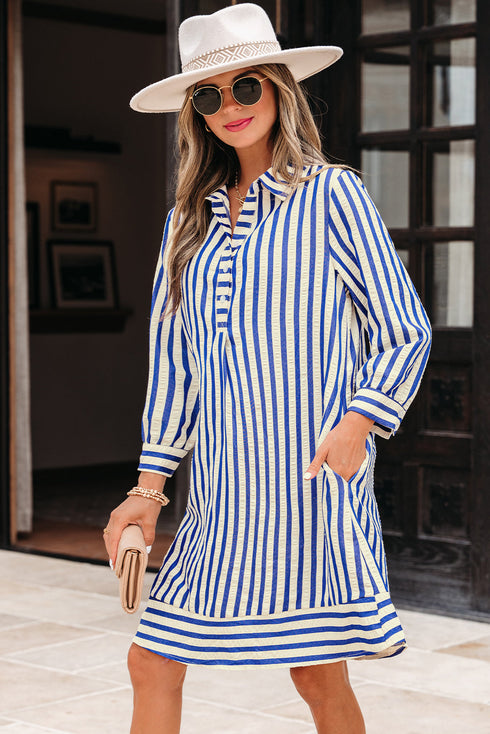 Striped Textured Collared Half Button Pocket Detail Mini Dress