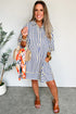 Striped Textured Collared Half Button Pocket Detail Mini Dress