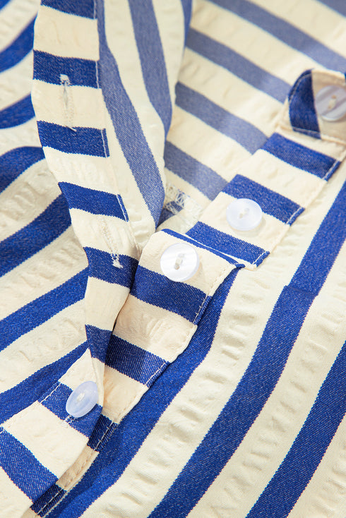 Striped Textured Collared Half Button Pocket Detail Mini Dress