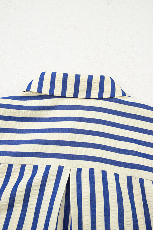 Striped Textured Collared Half Button Pocket Detail Mini Dress