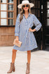 Striped Textured Collared Half Button Pocket Detail Mini Dress