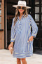 Striped Textured Collared Half Button Pocket Detail Mini Dress