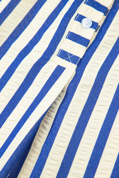 Striped Textured Collared Half Button Pocket Detail Mini Dress