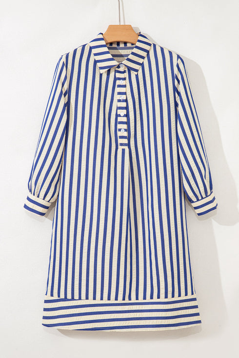 Striped Textured Collared Half Button Pocket Detail Mini Dress