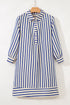 Striped Textured Collared Half Button Pocket Detail Mini Dress